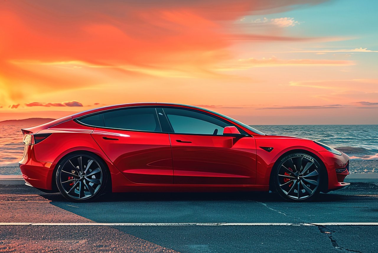 red tesla by ocean.